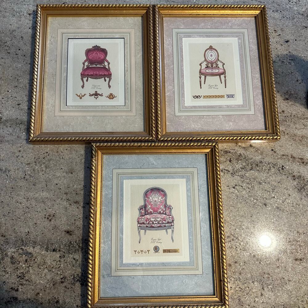 Set of 3 Bombay Company English Antique Chair Portraits, Gold Rope Frames